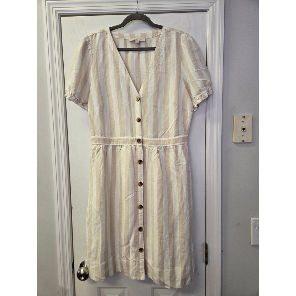 Loft Womens Tan White Striped Linen Blend Button Front Midi Dress Size 10 NWOT